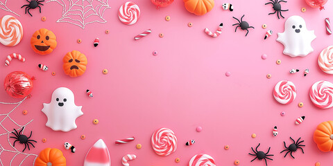 Wall Mural - Kawaii Halloween background with candy, spider webs, and ghosts, pink theme
