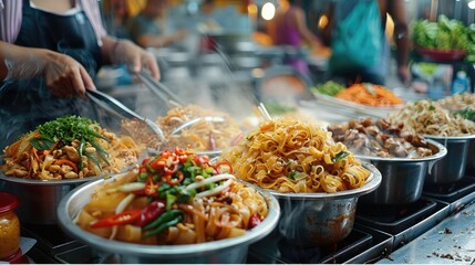 Wall Mural - Street food stall selling pad Thai with colorful ingredients. Generative AI.