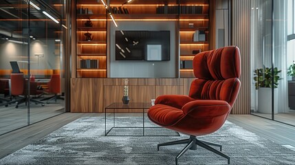 Wall Mural - Modern interior office view of a board room, grey carpet pavement moquette, glass table, dark red chair, minimal modern wooden library with big tv monitor inside, minimal. Generative AI.