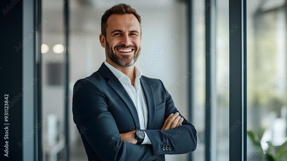 Confident smiling businessman standing with arms crossed in a modern ...