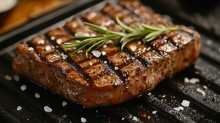 A closeup of a perfectly cooked steak with grill marks, styled with rosemary and coarse salt for a rustic, hearty presentation, Steak styling, hearty and rustic