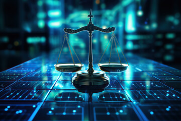 generated illustration of the scales of justice with a blue electric digital background.