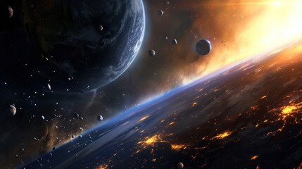 Wall Mural - a fiery planet with a glowing sun and asteroids in space.