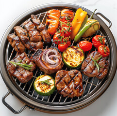 Wall Mural - Material round grill grid with grilled meat and vegetables on white background. top view. Generative AI.