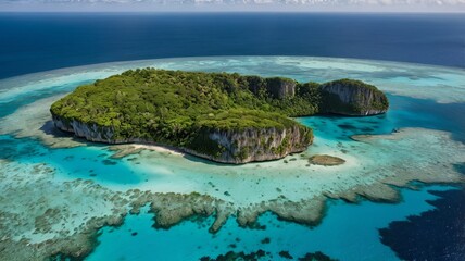 Wall Mural - A panoramic view of the island, with its clear blue sea, sandy beaches and towering cliffs against a clear blue sky.