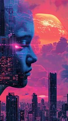 Wall Mural - futuristic city skyline with a woman's face as the foreground, with neon lights and a bright orange 
