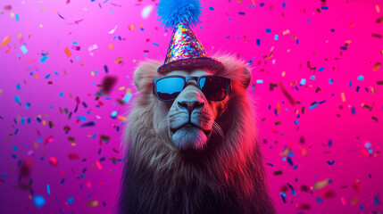 Wall Mural - A birthday party lion with a hat and confetti