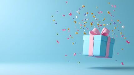 Colorful present box with ribbon and confetti on blue background. Festive celebration concept with floating gift box.