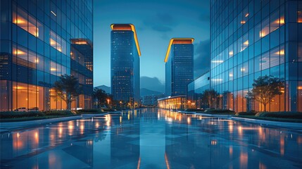 Aufkleber - Commercial office real estate, night view renderings, bright lights. Generative AI.