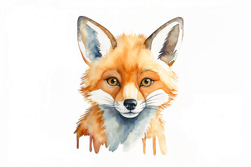 Watercolor illustration of an abstract cute red fox head on a neutral background. Animal portrait style design for print and decoration