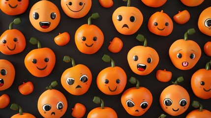 Sticker - A pattern of orange fruit with happy and sad faces on a black background.