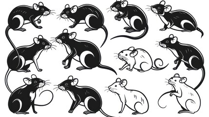 Poster - Collection of black and white mouse illustrations in various poses.