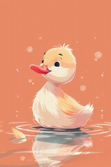 Sticker - Cute cartoon duckling swimming in a pond.