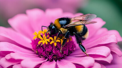 Poster - A bee collecting nectar from a vibrant pink flower.