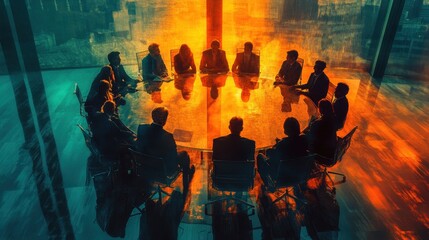 Diverse corporate team in business meeting around large table, discussing strategy indoors.