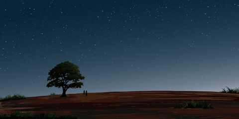 Night at minimalist hill landscape and big tree with silhouetted couple of lover have night sky with a lot of stars background graphic illustration.