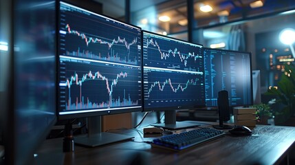 Poster - Computer monitors with financial charts on the screen, trading setup, trading desk. Generative AI.