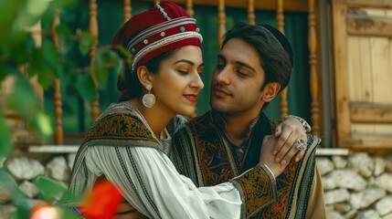 A husband and wife dressed in beautiful ancient Jewish clothing