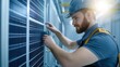 © ItziesDesign - A skilled technician installs a solar panel, showcasing dedication to renewable energy and clean technology in a modern environment.
