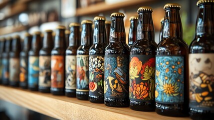 Wall Mural - A row of unique craft beer bottles with artistic labels, displayed on a wooden shelf, artisan beer, creative and original