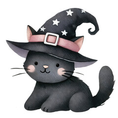 Cute black cat wearing a witch's hat with stars, perfect for Halloween-themed designs. Adorable illustration for holiday decor and cards.