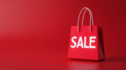 Red shopping bag with 'Sale' text on a red background. Ideal for promotions, discounts, and special offers. High-quality retail concept image.