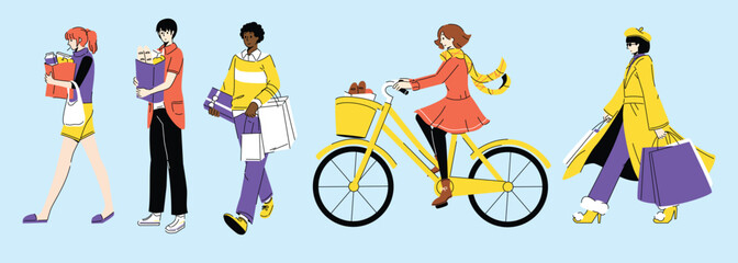 Fashionable Youth Activities Shopping Walking Riding Bikes and Scooters Urban Life Colorful Illustration Set