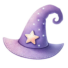 Illustrated purple wizard hat with a star, perfect for fantasy themes, magic events, or Halloween designs. Cartoon style.