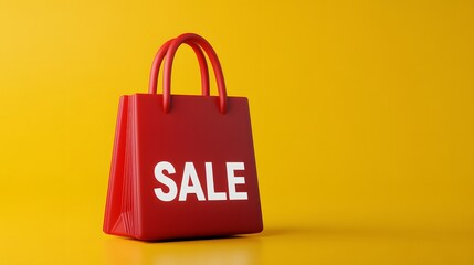 Red shopping bag with SALE text on yellow background, representing a discount or promotion in retail or e-commerce. Minimalist design.