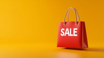 Wall Mural - Red shopping bag with the word SALE against bright yellow background. Perfect for promotions, advertisements, and retail marketing materials.