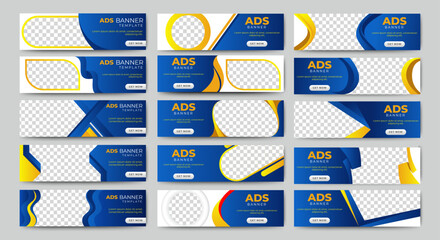 Poster - set of horizontal business banner templates with blue background. Modern technology design, abstract background layout with photos. Editable Vector collection corporate banner.