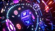 © F - Vibrant digital art of a casino slot machine with glowing neon symbols, surrounded by flying casino chips, and a captivating bokeh effect that enhances the lively atmosphere of a casino environment
