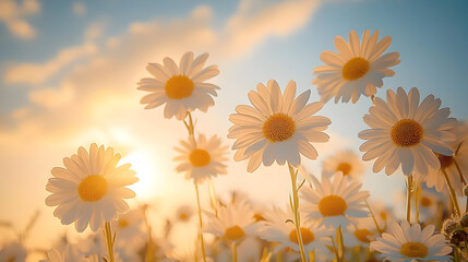 Poster - A field of daisies illuminated by a sunset, creating a serene atmosphere.