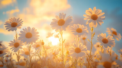 Poster - A field of daisies illuminated by a warm sunset glow.