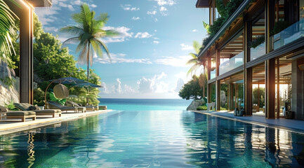 Sticker - Tropical resort, luxury, overlook the sea. Generative AI.