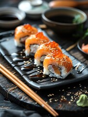 Poster - Sushi with chopsticks on a black plate and a cup of soy sauce over a dark wooden background in a close up view. Generative AI.