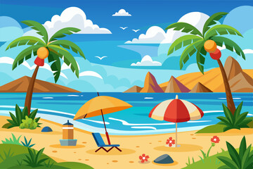 Wall Mural - Beach landscape with deck chair, beach umbrella, and ball