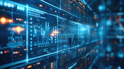 Poster - A digital background featuring blue data visualizations and graphs on glass screens, with an abstract tech-inspired theme. Generative AI.