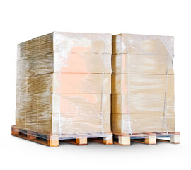 Wall Mural - Package Boxes Wrapped Plastic Stacked on Pallets. Bulk Pallets Isolated on White Background. Supply Chain, Supplies Shipment. Warehouse Shipping Logistics.