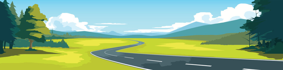 Curvy road on the meadow. Asphalt road leading to the destination ahead. Green fields surrounded by hills. Vector or Illustration transport and nature background for banner.