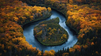 Sticker - Aerial View of a Winding River Through Autumn Foliage