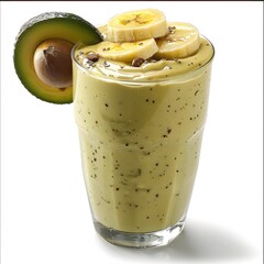 Poster - A creamy avocado banana smoothie with avocado slices, banana chunks, and almond milk in a clear glass, isolated white background. Generative AI.