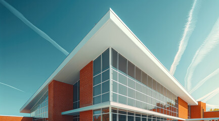 Poster - Modern architecture red brick school building with white roof. Generative AI.