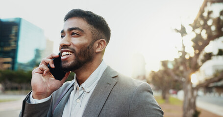 Poster - Business, man and happy with phone call in city for company consultation, networking or good news. Professional, employee and smartphone in urban town for communication and conversation on sidewalk