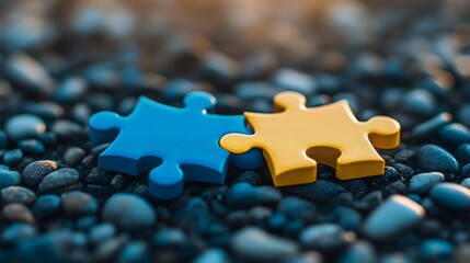 Close-up of two colorful puzzle pieces lying on the ground, teamwork, and success in business or personal life, emphasizing the concept of connection and partnership in achieving goals