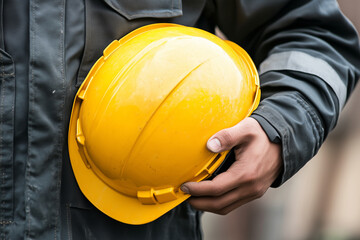 person wearing a yellow hard hat is holding it in their hand. The person is wearing a reflective vest and a blue shirt