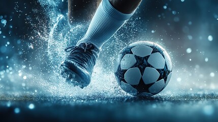 side view of football boot kicking a soccer ball. image of sport. copy space for text.