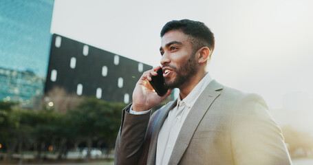 Poster - Business, man and smile with phone call in city for company consultation, networking or good news. Professional, employee and smartphone in urban town for communication and conversation on sidewalk
