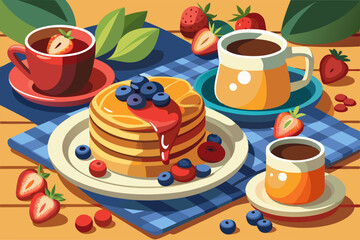 Sticker - Vector illustration of stacks of pancakes with custard