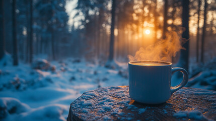 steaming cup of hot coffee sits on a wooden table, exuding warmth and comfort. The rising steam creates a cozy, inviting atmosphere, symbolizing relaxation, tranquility, and a peaceful moment of refle